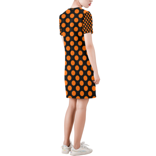 Orange Polka Dots on Black Short-Sleeve Round Neck A-Line Dress (Model D47)