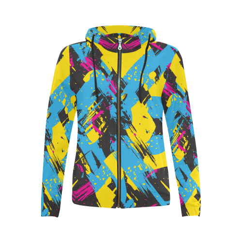 Colorful paint stokes on a black background All Over Print Full Zip Hoodie for Women (Model H14)