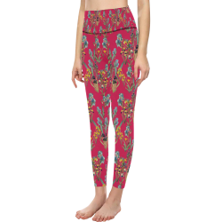 Irises on a red background Women's All Over Print High-Waisted Leggings (Model L36)