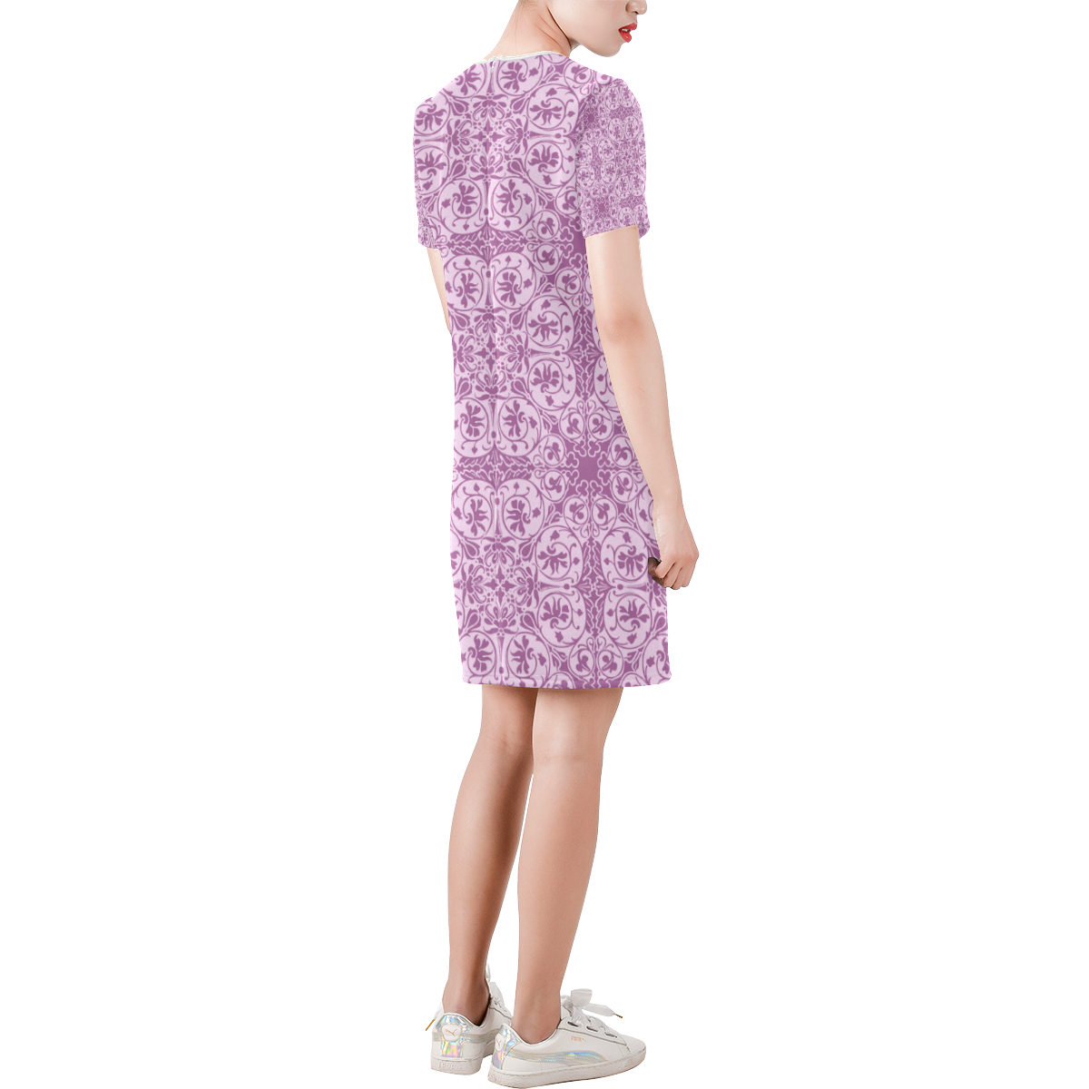 ornamental pink Short-Sleeve Round Neck A-Line Dress (Model D47)
