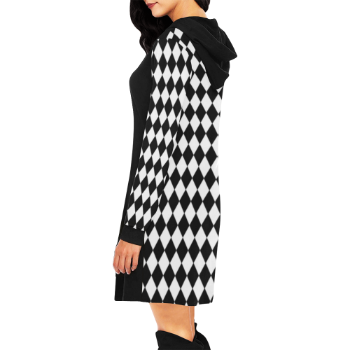 Hoodie Dress Black White checkerboard Print All Over Print Hoodie Mini Dress (Model H27)