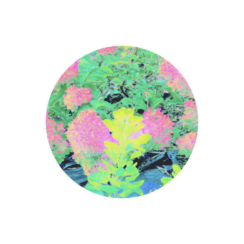 Fluorescent Yellow Smoke Tree with Pink Hydrangeas Round Mousepad