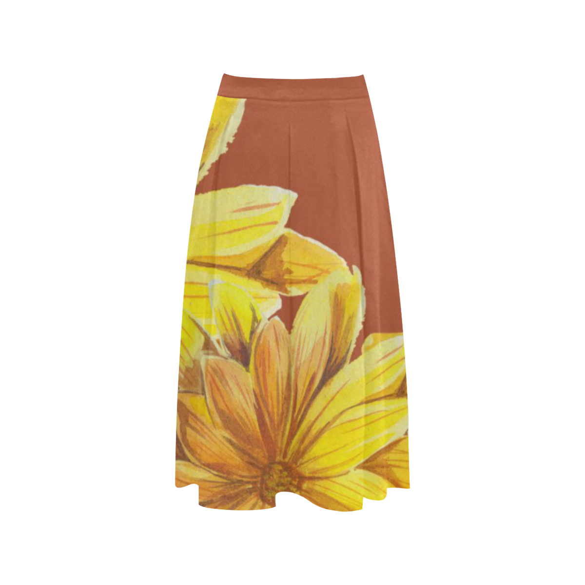 Watercolor Flowers Yellow Orange Brown Aoede Crepe Skirt (Model D16)