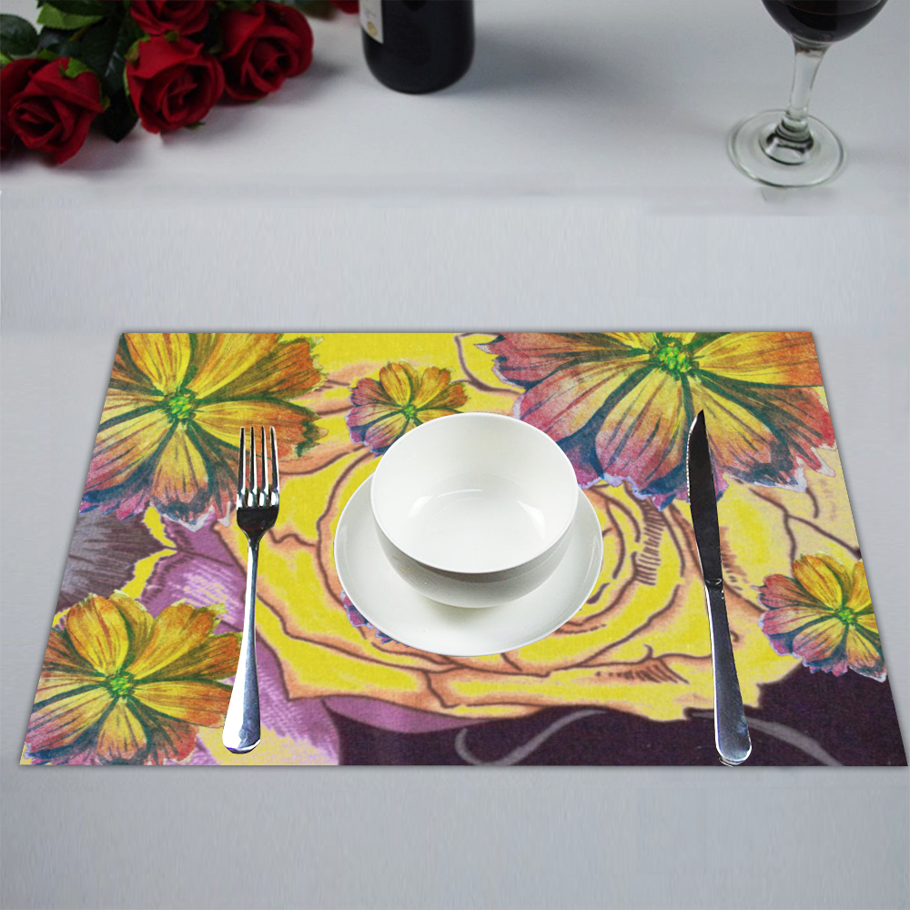 Watercolor Flowers Yellow Purple Green Placemat 14’’ x 19’’ (Six Pieces)