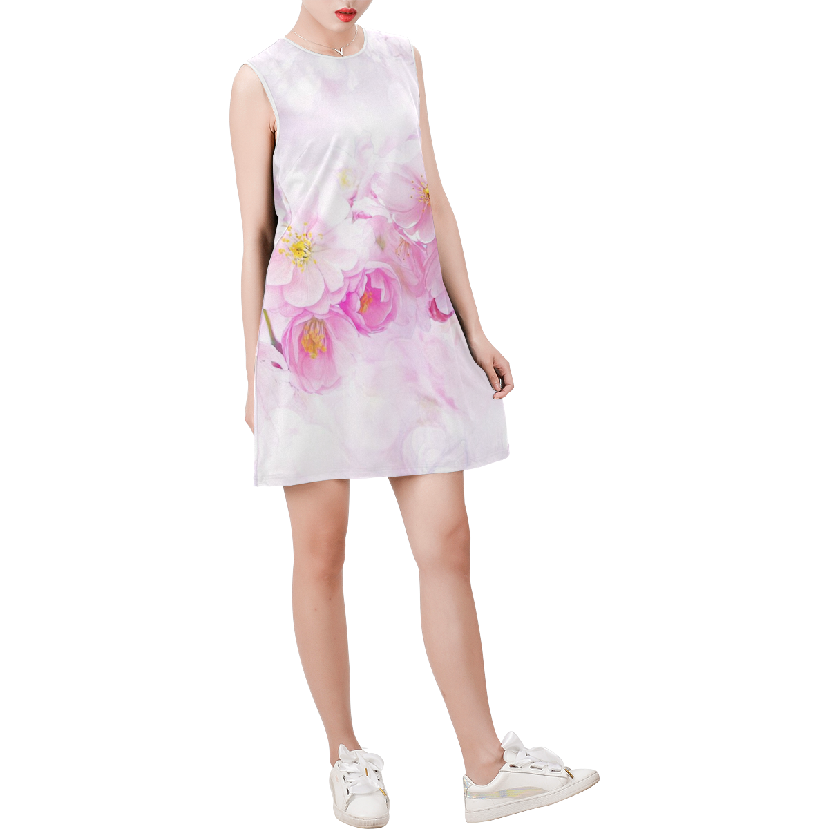 Delicate floral 418 by JamColors Sleeveless Round Neck Shift Dress (Model D51)