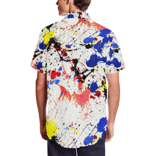 Blue and Red Paint Splatter Men's Short Sleeve Shirt with Lapel Collar (Model T54)