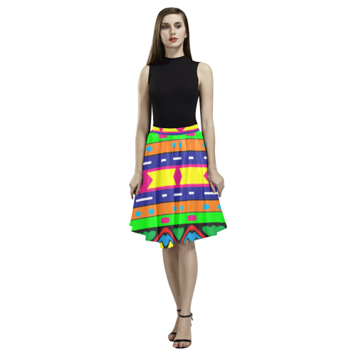 Distorted colorful shapes and stripes Melete Pleated Midi Skirt (Model D15)