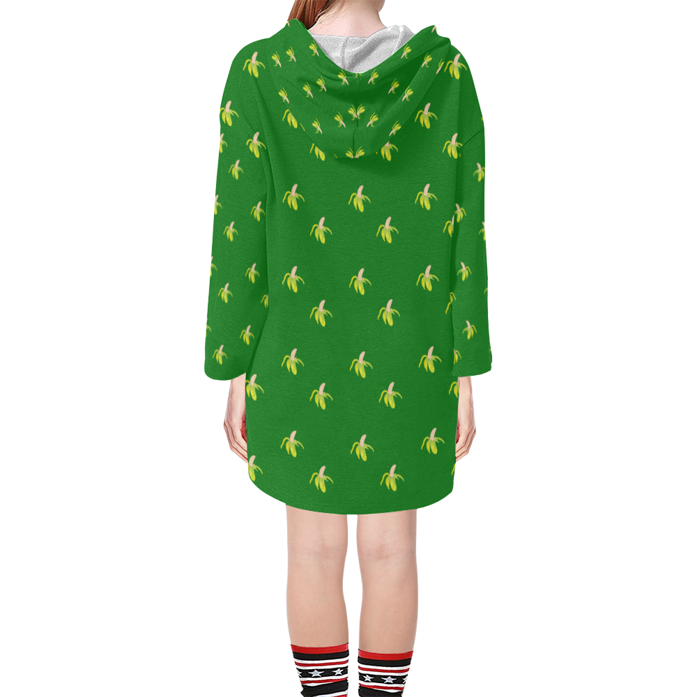 peeled banana on green Step Hem Tunic Hoodie for Women (Model H25)