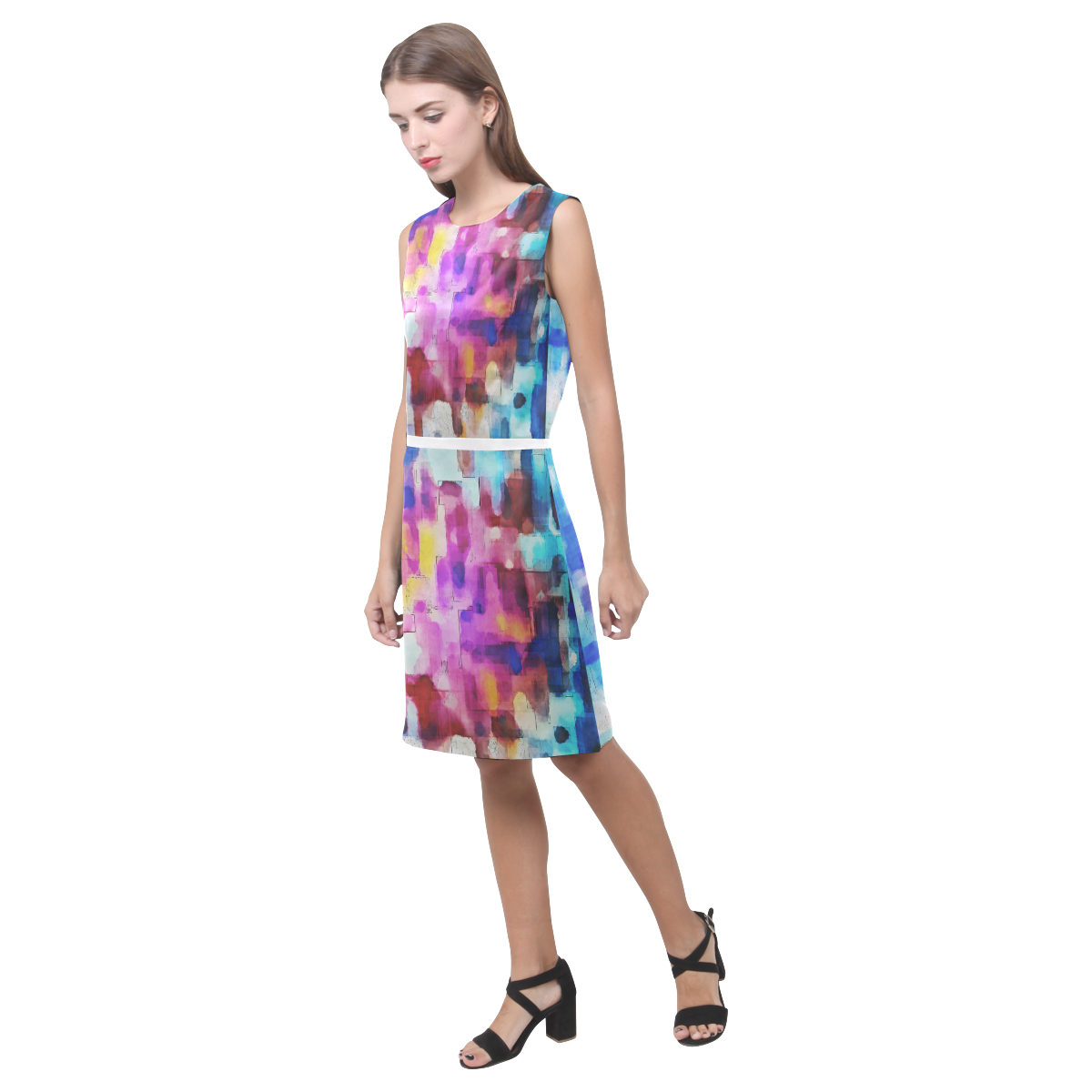 Blue pink watercolors Eos Women's Sleeveless Dress (Model D01)