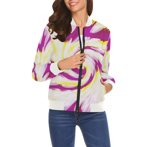 Pink Yellow Tie Dye Swirl Abstract All Over Print Bomber Jacket for Women (Model H19)