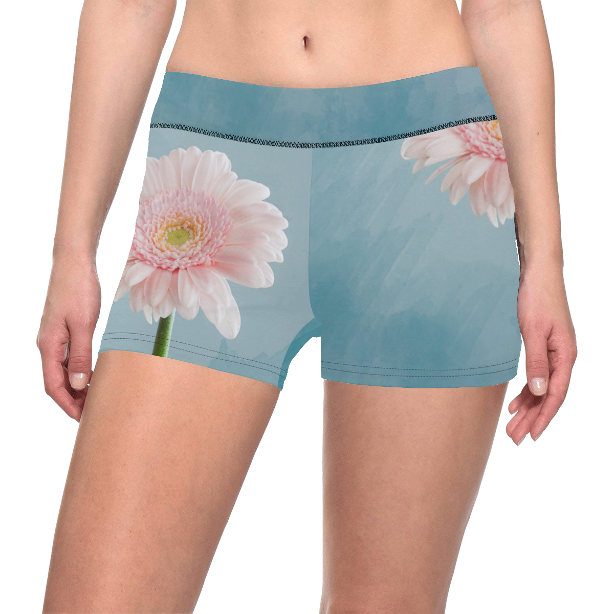 Gerbera Daisy - Pink Flower on Watercolor Blue Women's All Over Print Short Leggings (Model L28)