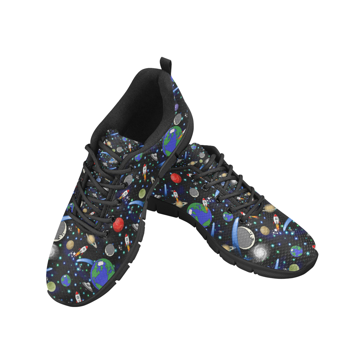 Galaxy Universe - Planets, Stars, Comets, Rockets (Black) Women's Breathable Running Shoes/Large (Model 055)
