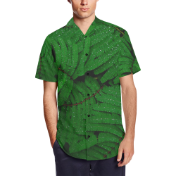 Forest Green Plants with Dew Photo Men's Short Sleeve Shirt with Lapel Collar (Model T54)