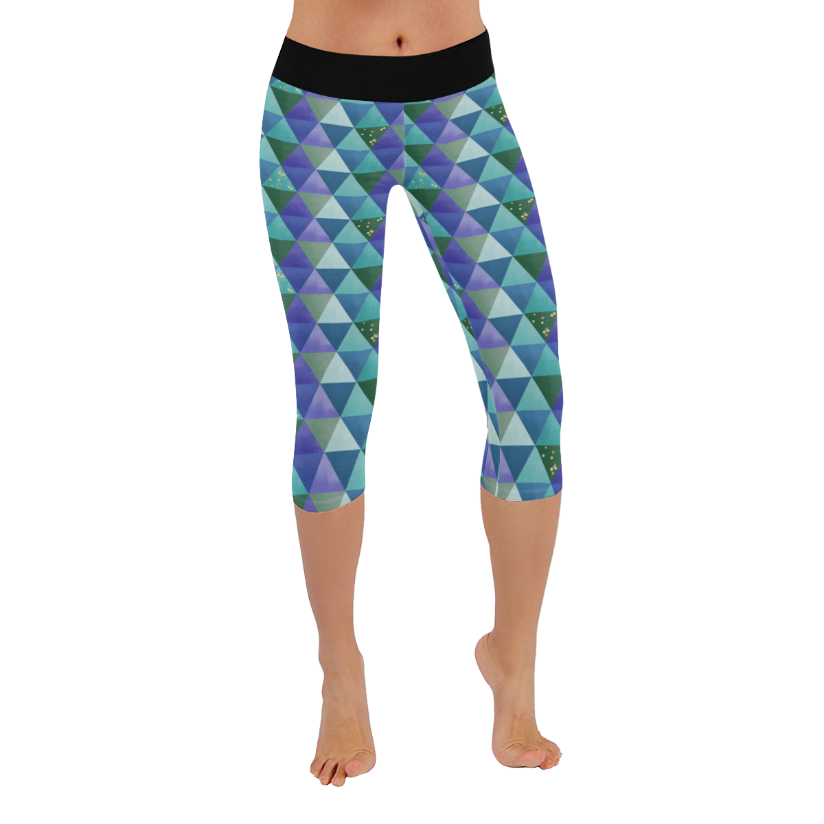 Triangle Pattern - Blue Violet Teal Green Women's Low Rise Capri Leggings (Invisible Stitch) (Model L08)