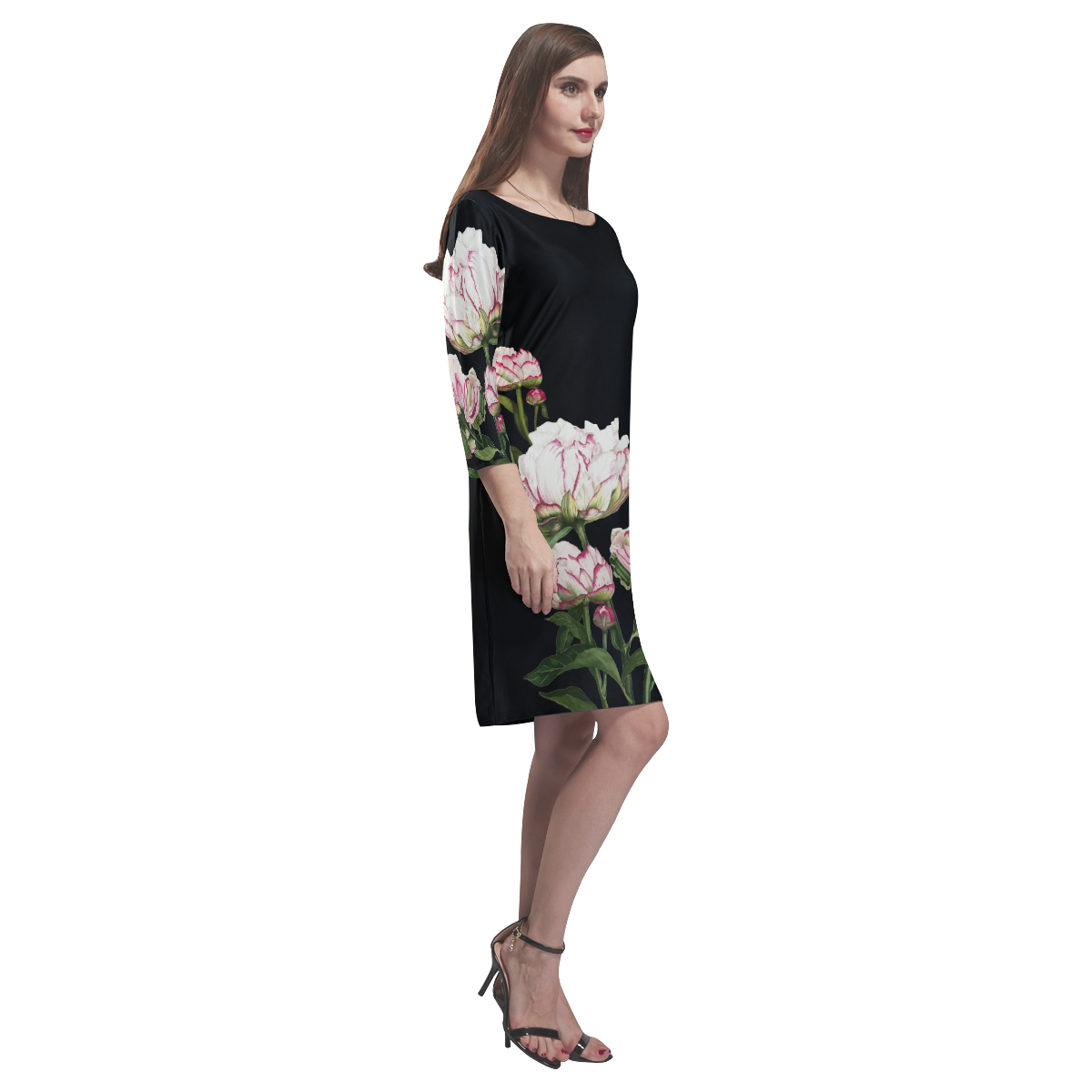 VUR peony on black Rhea Loose Round Neck Dress(Model D22)