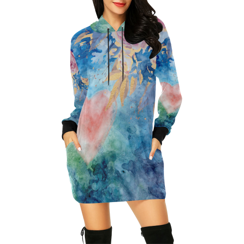 Heart and flowers - Pink and Blue All Over Print Hoodie Mini Dress (Model H27)