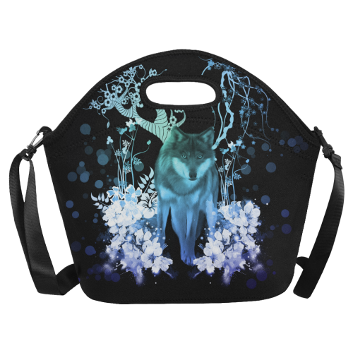 Awesome wolf with flowers Neoprene Lunch Bag/Large (Model 1669)
