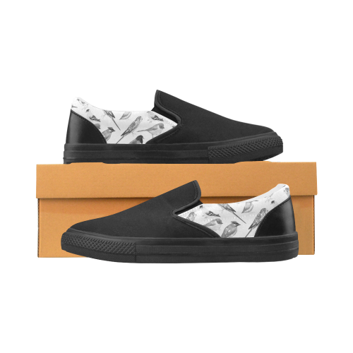 Black and white birds against white background sea Women's Slip-on Canvas Shoes (Model 019)