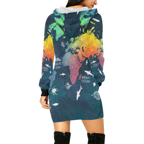 world map All Over Print Hoodie Mini Dress (Model H27)