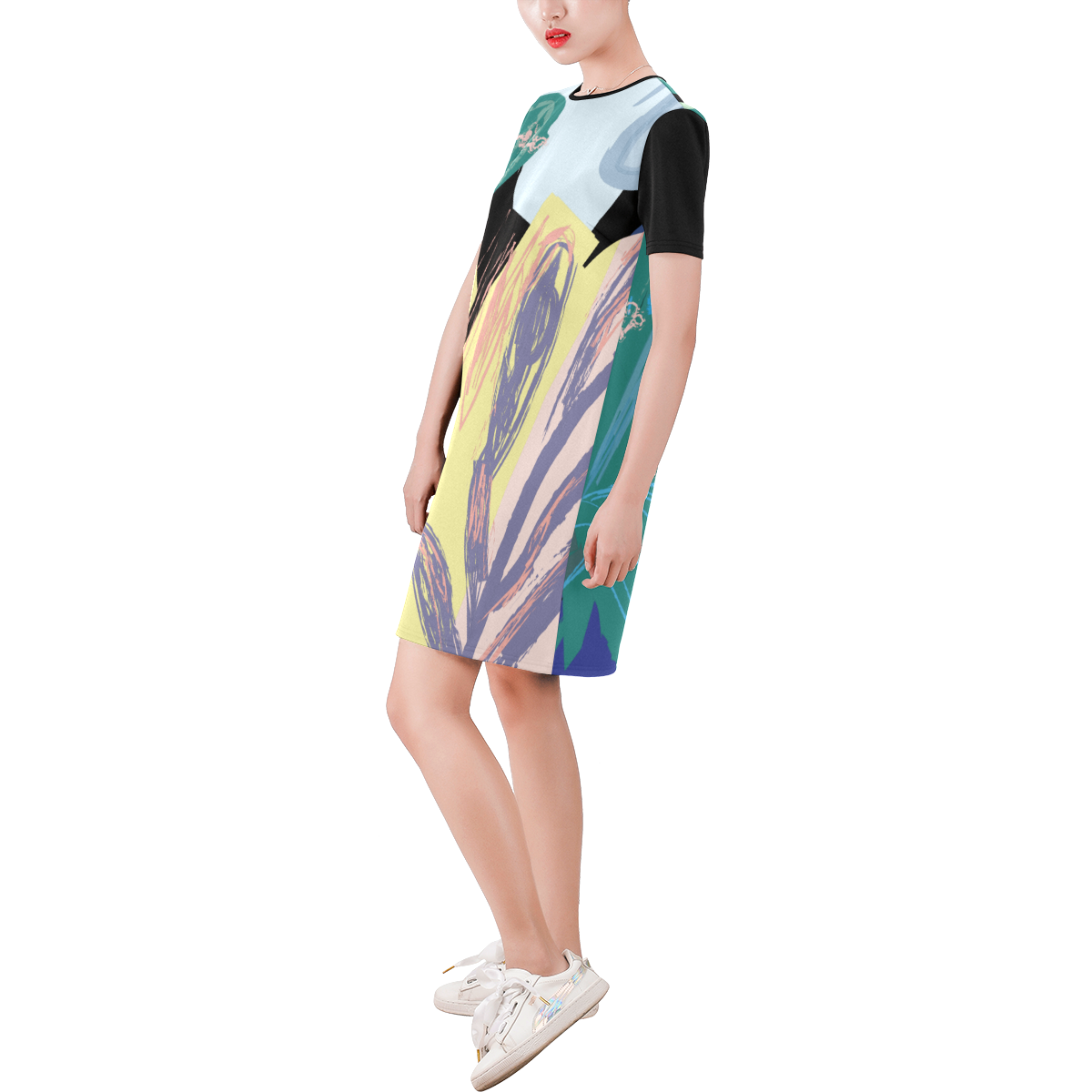 Boho Hippie Short-Sleeve Round Neck A-Line Dress (Model D47)