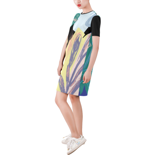 Boho Hippie Short-Sleeve Round Neck A-Line Dress (Model D47)