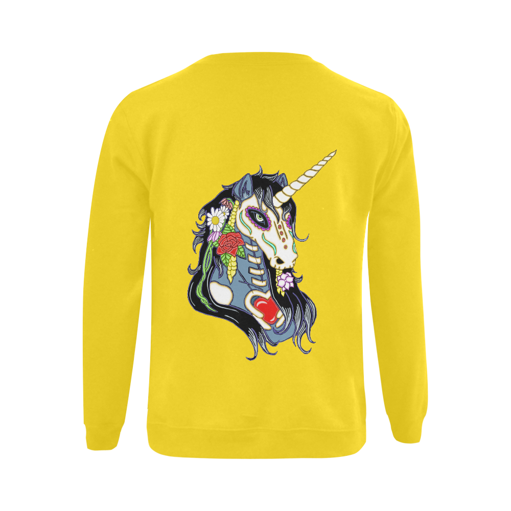 Spring Flower Unicorn Skull Yellow Gildan Crewneck Sweatshirt(NEW) (Model H01)