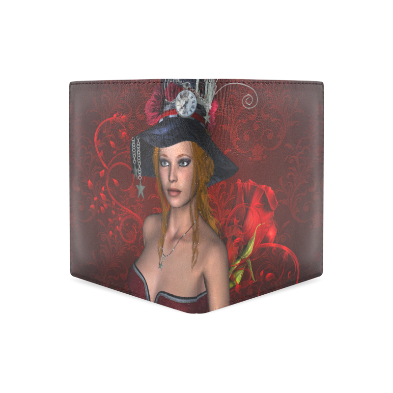 Beautiful steampunk lady, awesome hat Men's Leather Wallet (Model 1612)