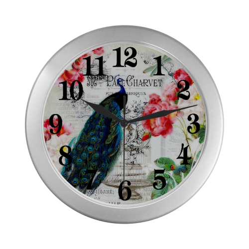 Peacock and roses Silver Color Wall Clock