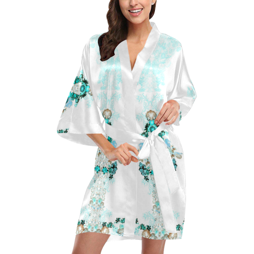 floral-white and green Kimono Robe