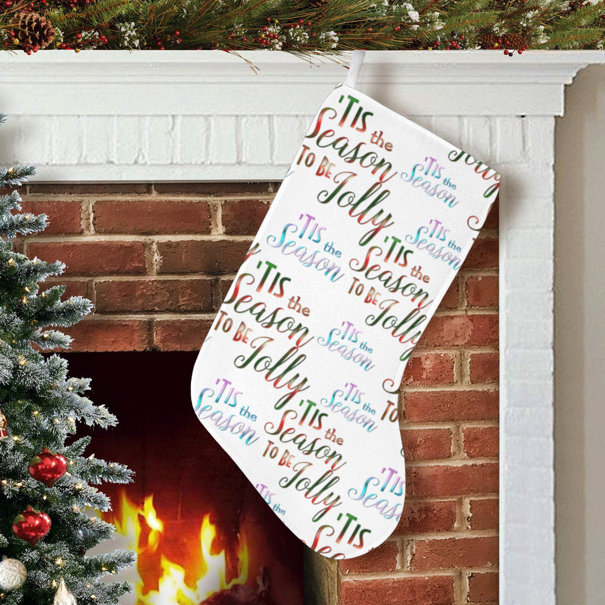 Christmas 'Tis The Season Pattern on White Christmas Stocking (Without Folded Top)