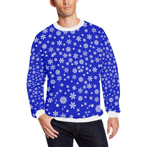 Christmas White Snowflakes on Blue Men's Oversized Fleece Crew Sweatshirt (Model H18)