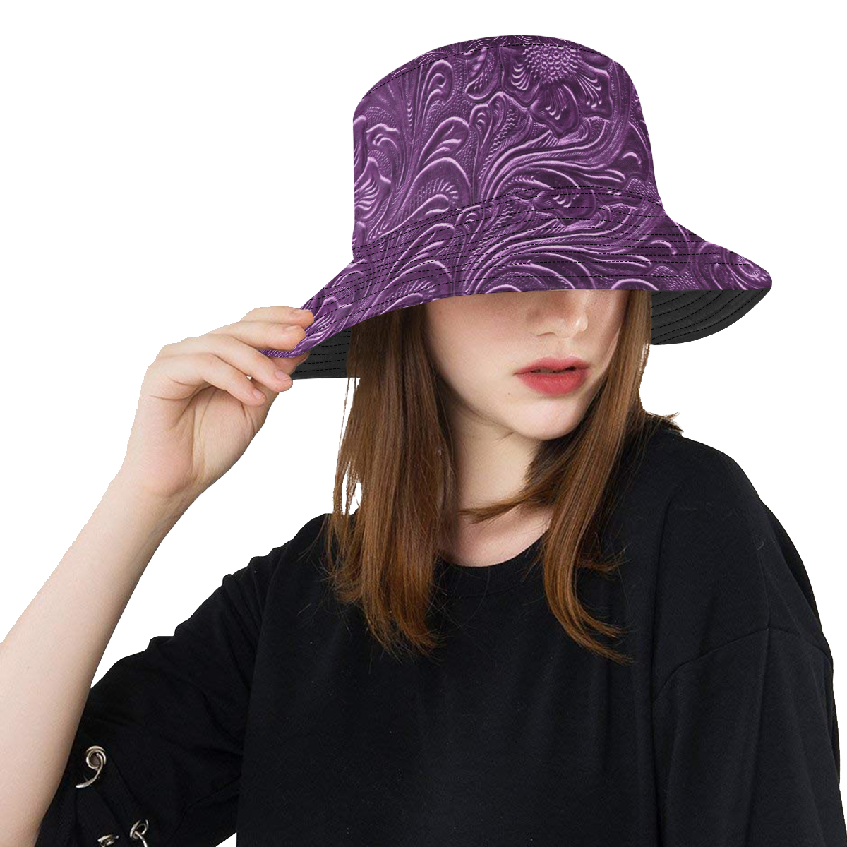 Embossed Purple Flowers All Over Print Bucket Hat