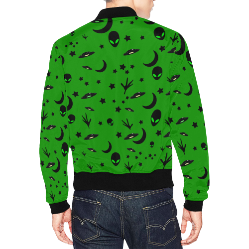 Alien Flying Saucers Stars Pattern on Green All Over Print Bomber Jacket for Men/Large Size (Model H19)