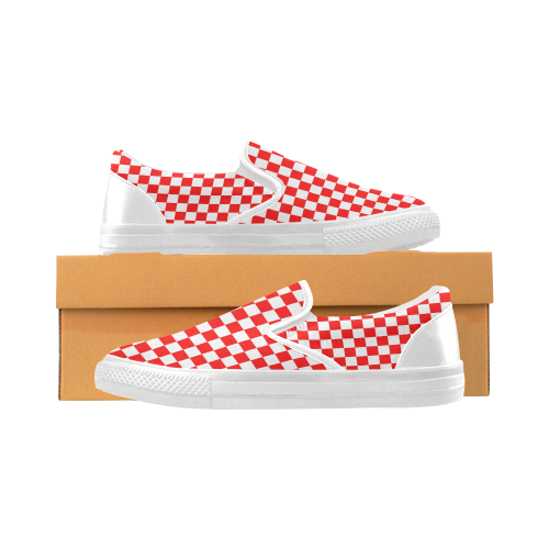 Checkerboard Red and White Slip-on Canvas Shoes for Men/Large Size (Model 019)