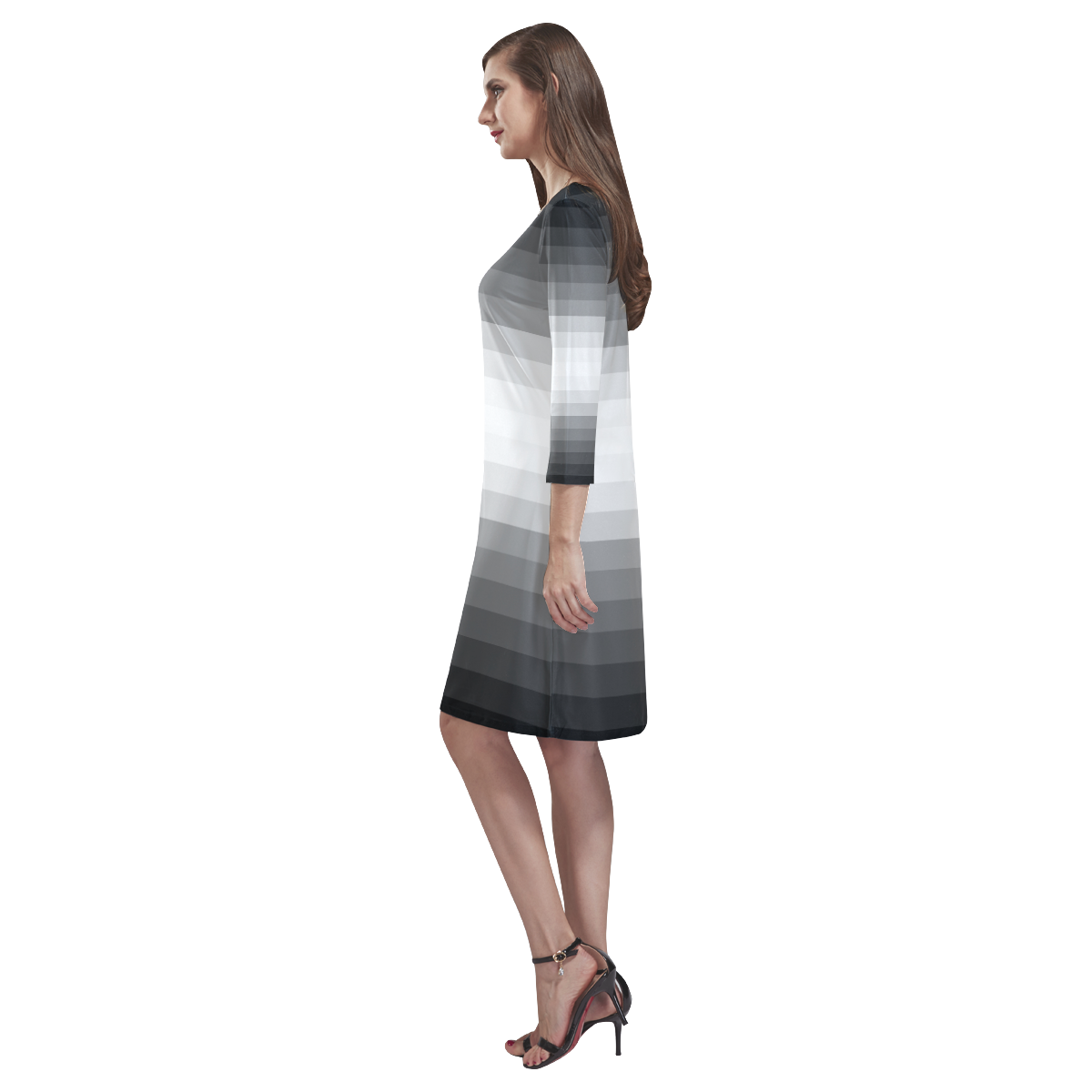 Gray, black, white multicolored stripes Rhea Loose Round Neck Dress(Model D22)