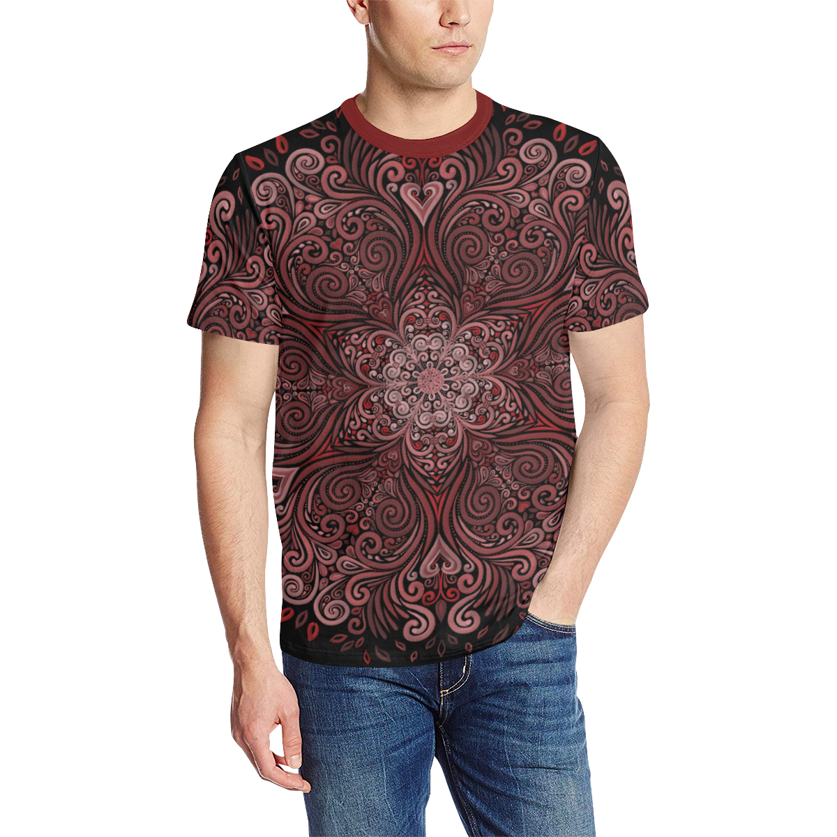Red, orange, pink, brown 3D Mandala Pattern Men's All Over Print T-Shirt (Solid Color Neck) (Model T63)