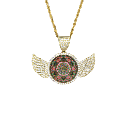 indian mandala Wings Gold Photo Pendant with Rope Chain