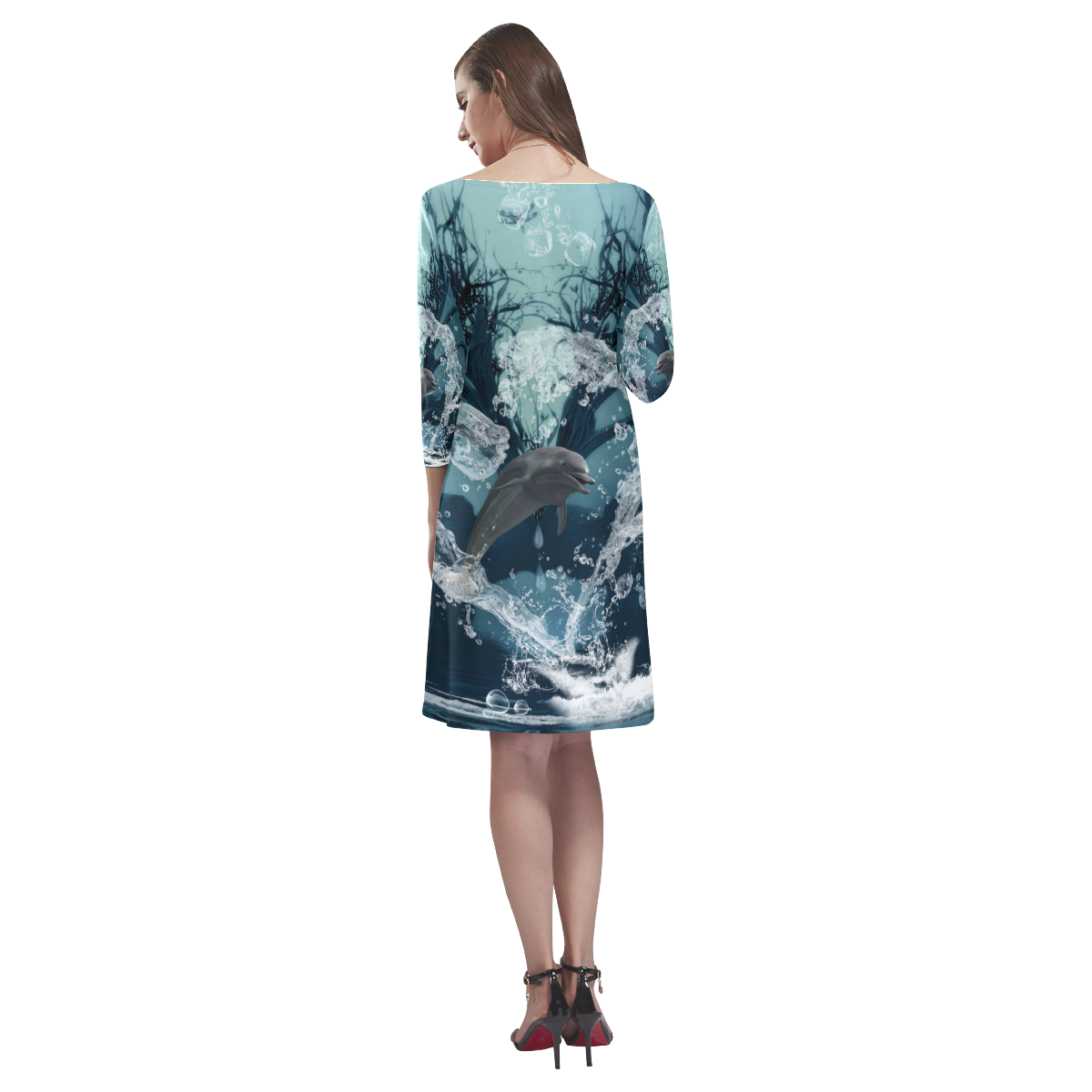 Dolphin jumping by a heart Rhea Loose Round Neck Dress(Model D22)