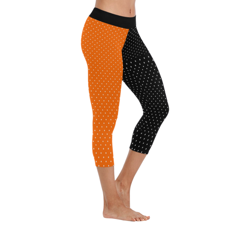 Halloween Black and Orange Polka Dots Women's Low Rise Capri Leggings (Invisible Stitch) (Model L08)