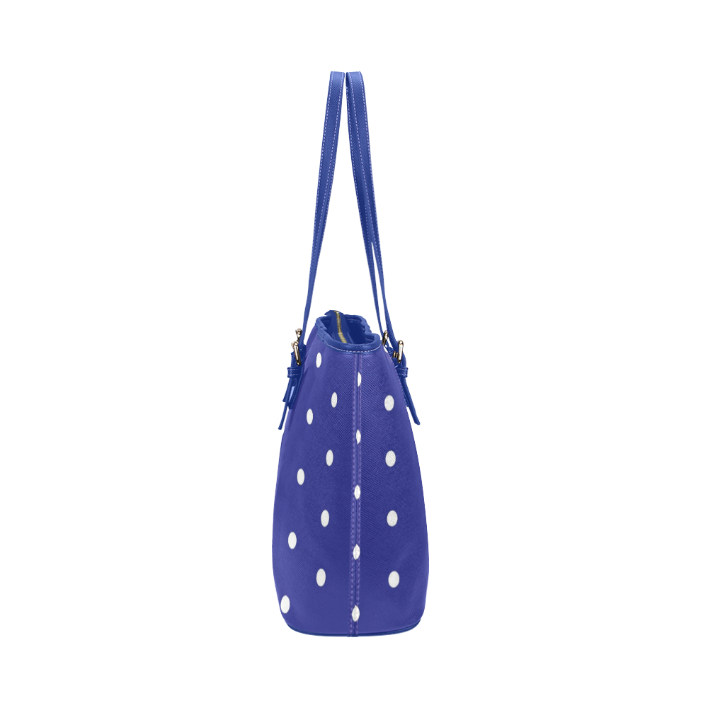 White Polka Dots on Blue Leather Tote Bag/Small (Model 1651)