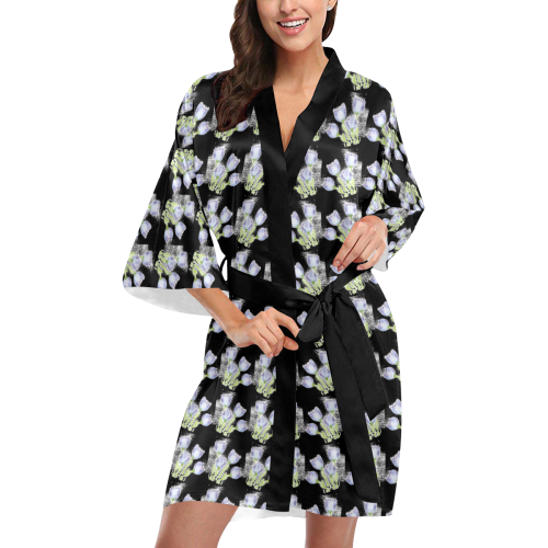 Black Kimono Wrap With Lilac Colored Flowers Kimono Robe