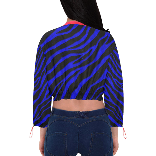 Ripped SpaceTime Stripes - Blue Cropped Chiffon Jacket for Women (Model H30)