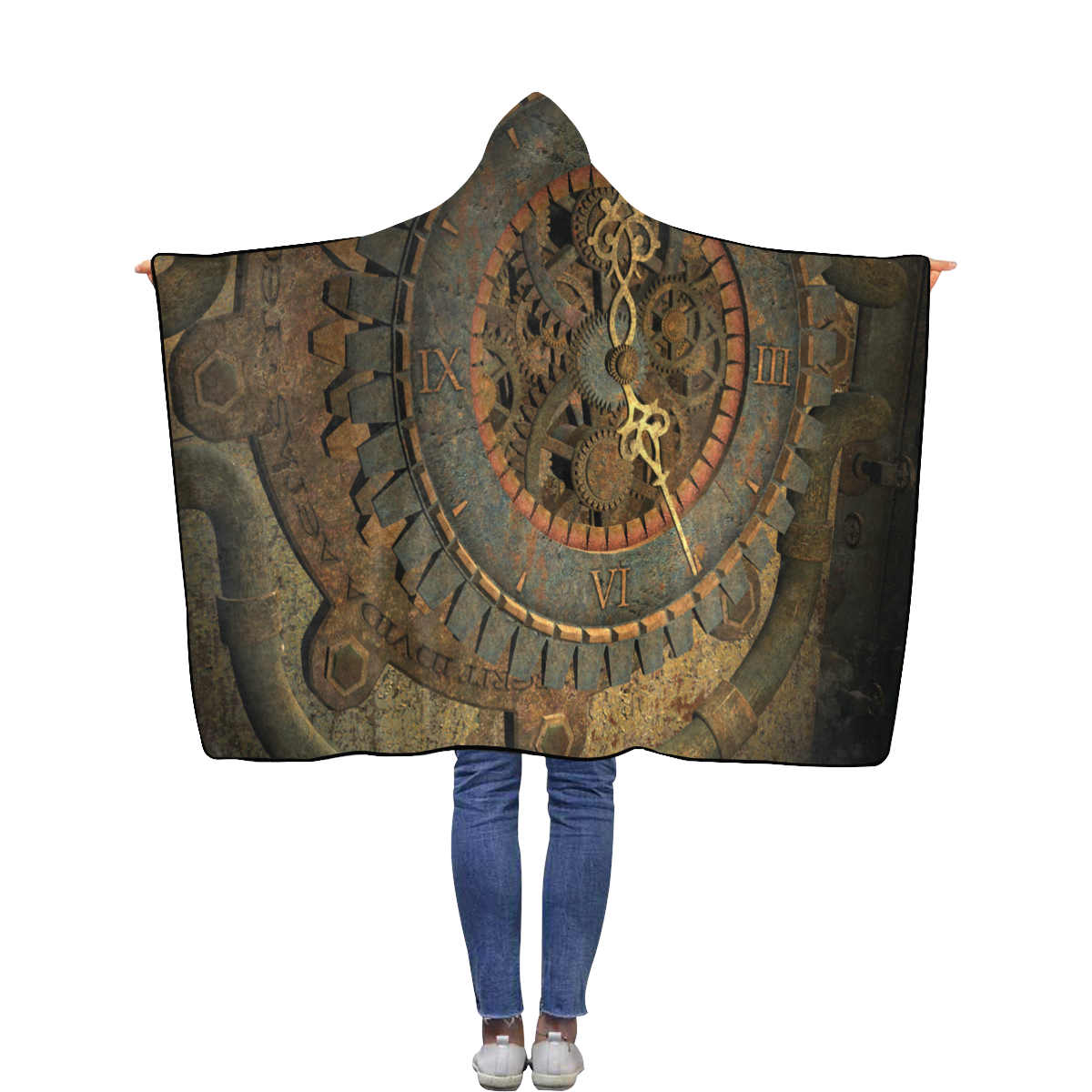 Steampunk, clockwork Flannel Hooded Blanket 40''x50''