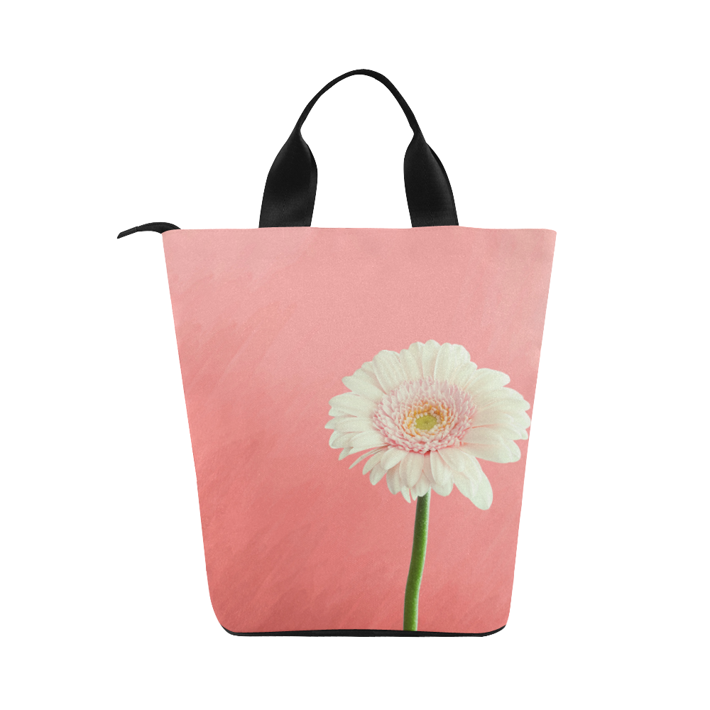 Gerbera Daisy - White Flower on Coral Pink Nylon Lunch Tote Bag (Model 1670)