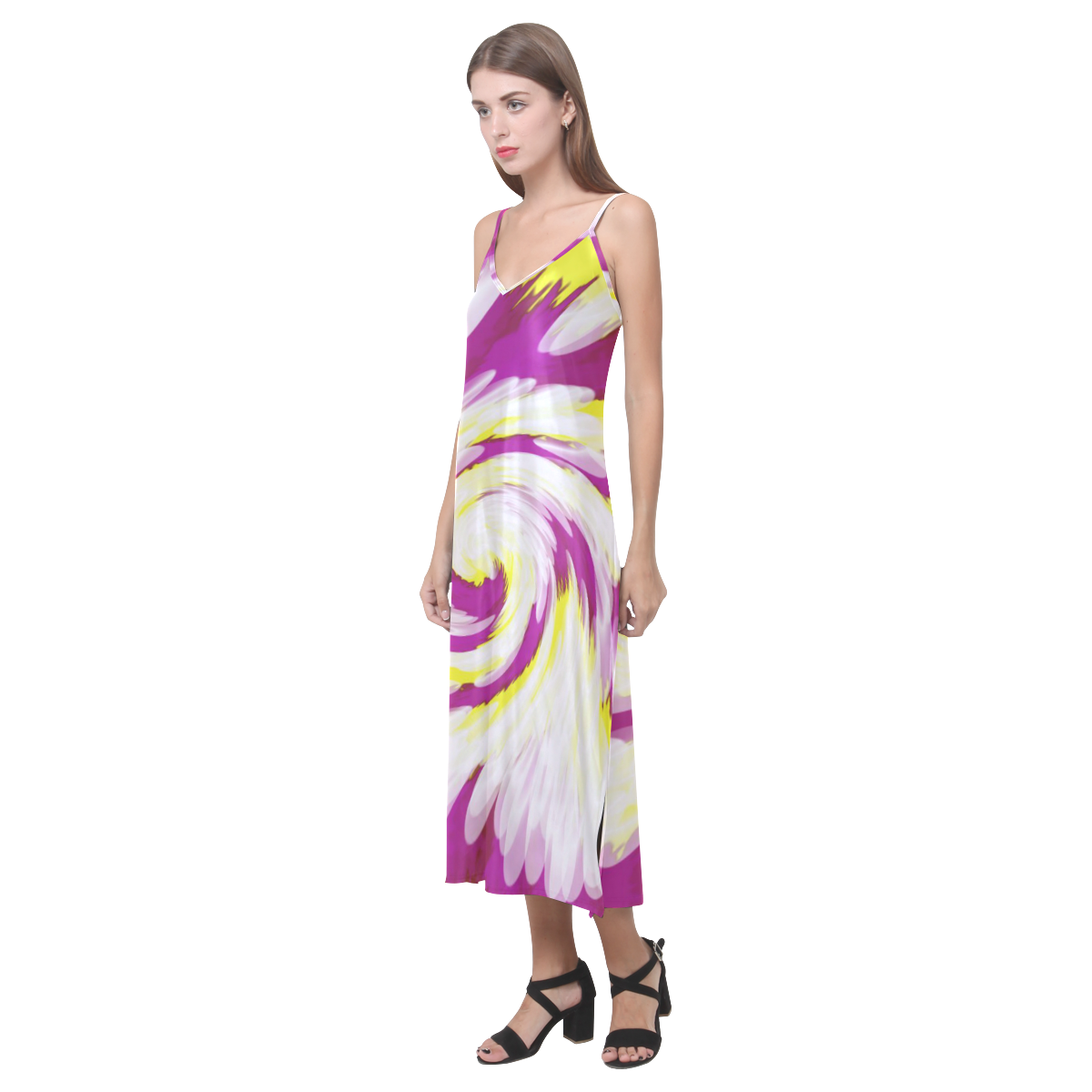 Pink Yellow Tie Dye Swirl Abstract V-Neck Open Fork Long Dress(Model D18)