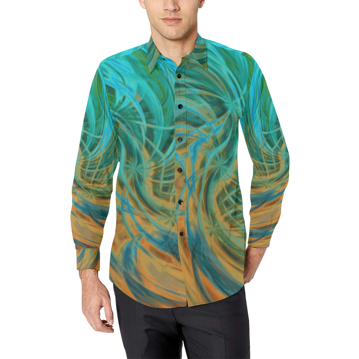 Guava Juice - green turquoise orange spiral pattern Men's All Over Print Casual Dress Shirt (Model T61)