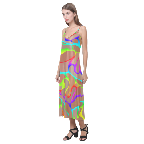 Colorful wavy shapes V-Neck Open Fork Long Dress(Model D18)