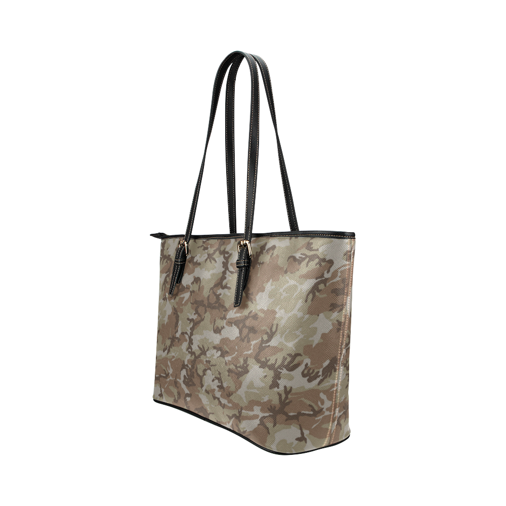 Woodland Desert Brown Camouflage Leather Tote Bag/Large (Model 1651)