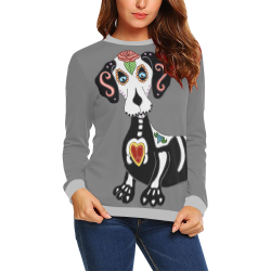 Dachshund Sugar Skull Grey/Lt Grey All Over Print Crewneck Sweatshirt for Women (Model H18)