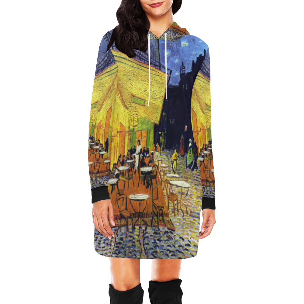 Vincent Willem van Gogh - Cafe Terrace at Night All Over Print Hoodie Mini Dress (Model H27)